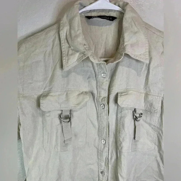Zara Women's Linen Viscose Blend Short Sleeve Button Up Beige Romper Size M - Picture 3 of 7